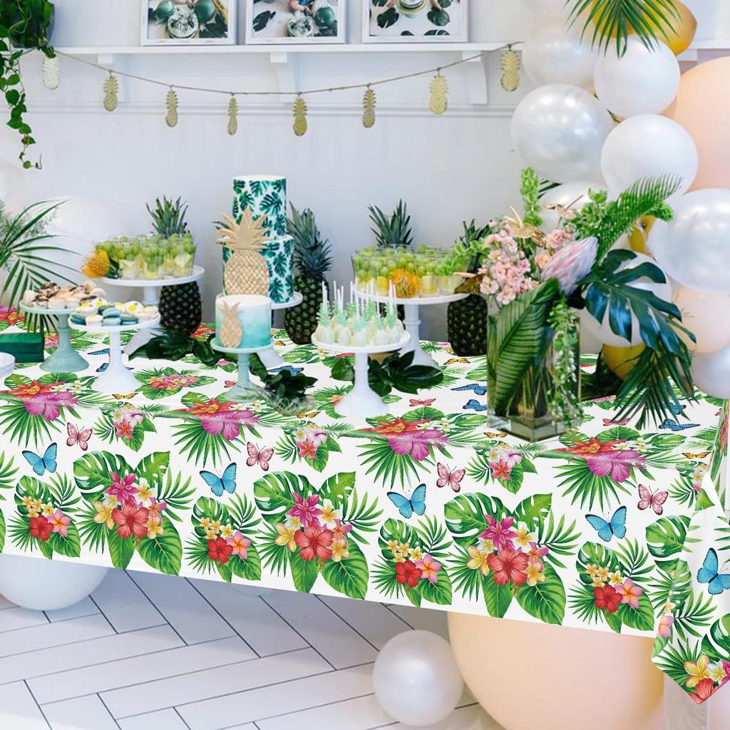 4 Pack Tropical Flower Tablecloth Hawaiian Luau Tablecloths Floral Butterfly Table Cloth Summer Beach Pool Kids Birthday Table Cover Supplies 51 X
