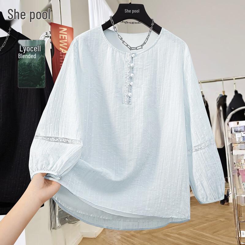Women s Lyocell Lace-Trim Round Neck Blouse M