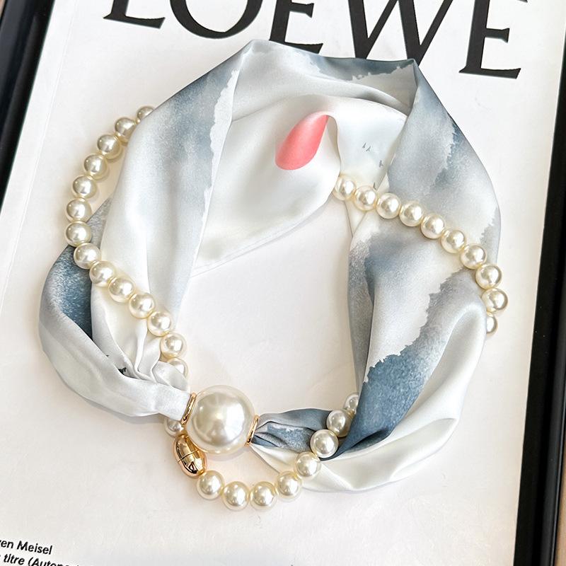 - Жемчужное ожерелье, Длинный шелковый шарф, Женский манишка, Тонкий шарф One Size