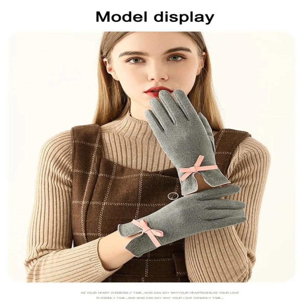 Bow Decoration Full Finger Mittens Fleece Winter Gloves Warm Women Gloves  Women