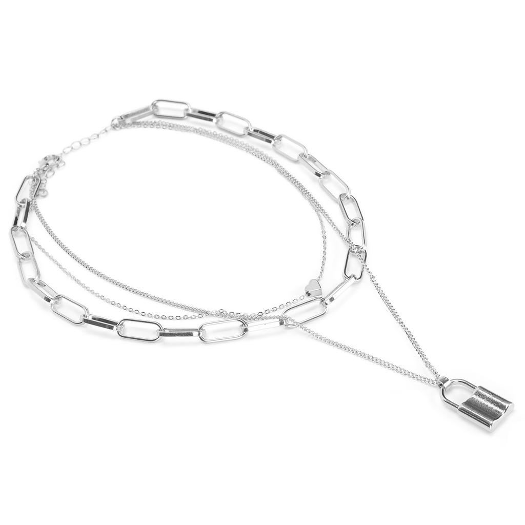 Women Simple Layered Necklace Lock Heart Shaped Pendant Necklace Jewelry Accessory(White K )