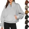 Kvinners uformelle mote langermet ensfarget sweatshirt med glidelåslomme