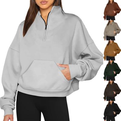Women's Casual Fashion Long Sleeve Solid Color Zip Pocket Sweatshirt Top