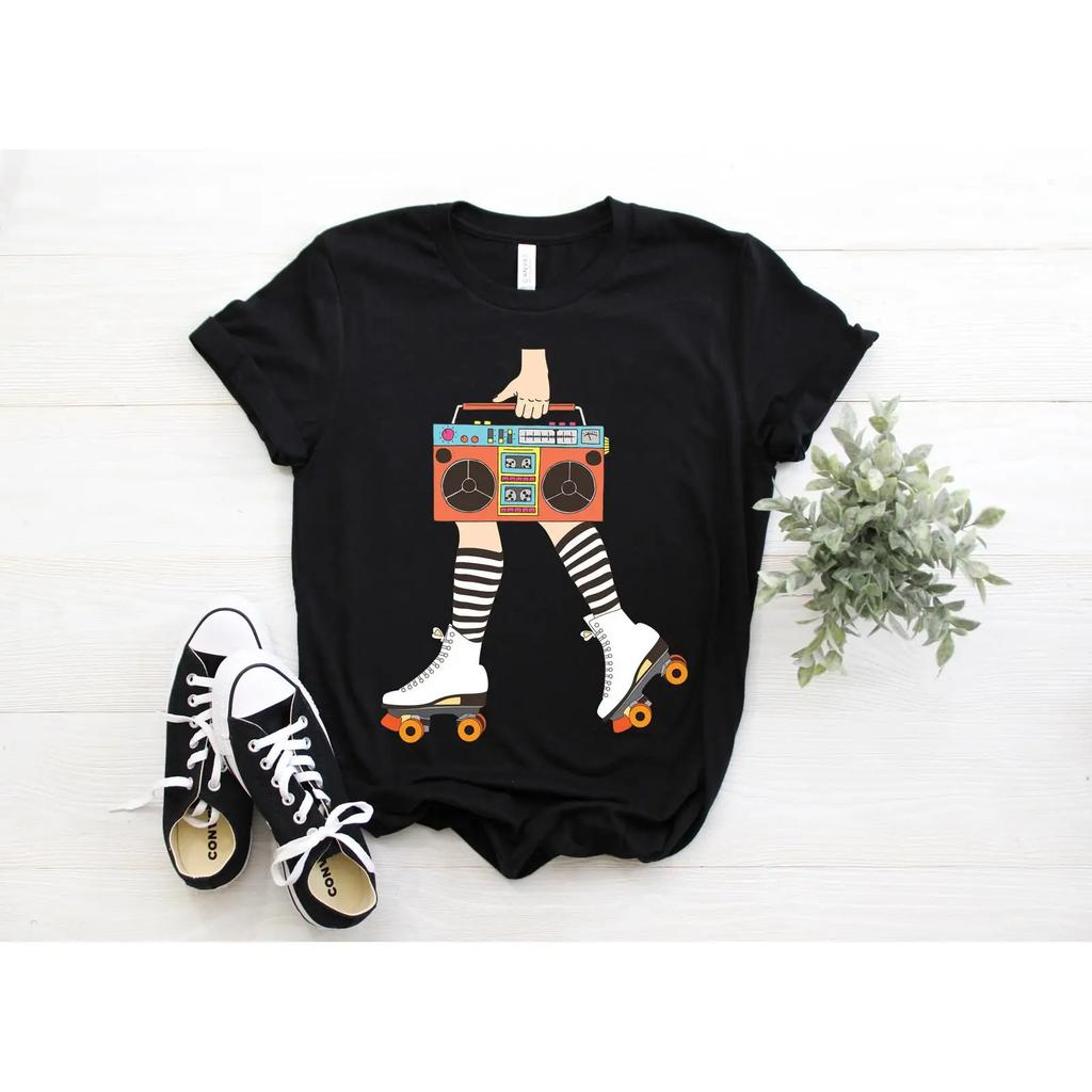 Vintage Boombox Roller Skating T Shirt Funny Retro S Skate for Derby Party Birthday Vintage Washed Breathable Comfortable