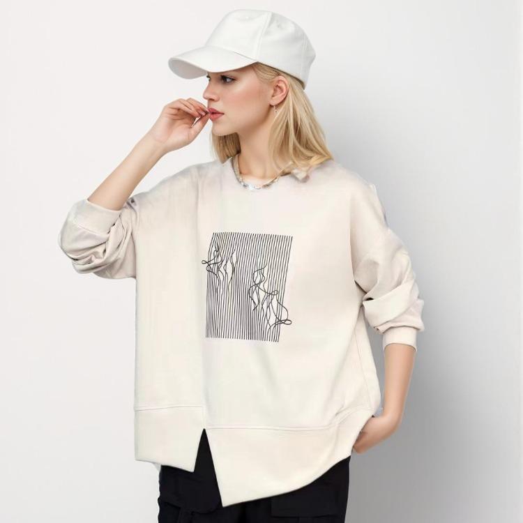 

2024 Женская Осенняя Свободная Толстовка Футболка Асимметричный Принт Полный Рукав Белый Пуловер One Size бежевый