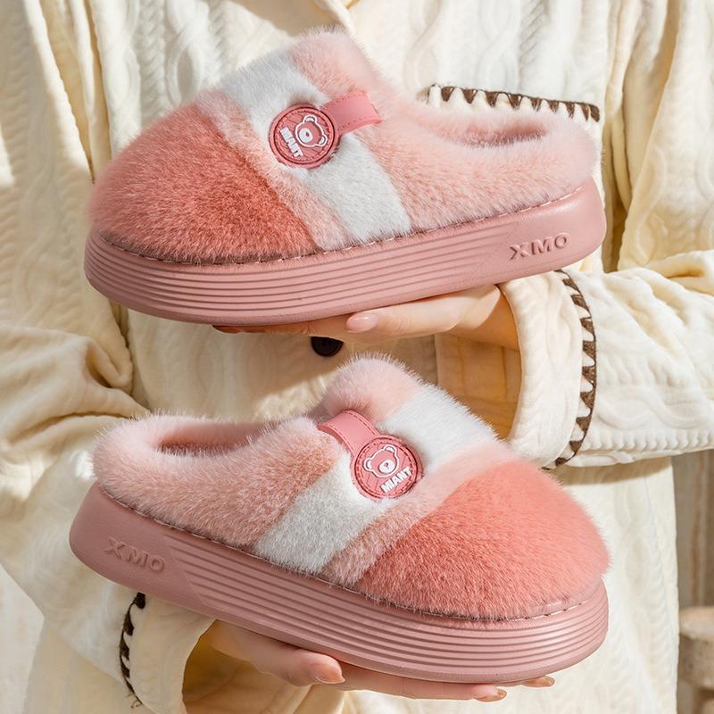 New V Cartoon Thick-soled Warm and Non-slip Couple Cotton Slippers Home Plush Lightweight Silent Indoor Cotton Shoes Men