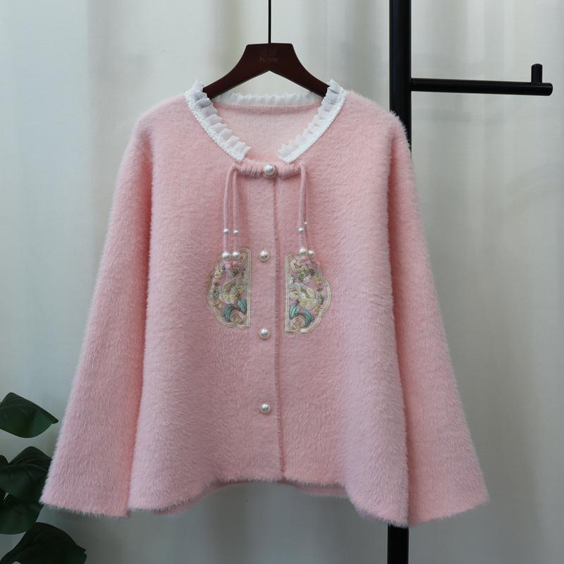 

Свитер-куртка из флиса под норку с вышивкой, новый свободный вязаный кардиган для женщин на осень и зиму one size fits all розовый