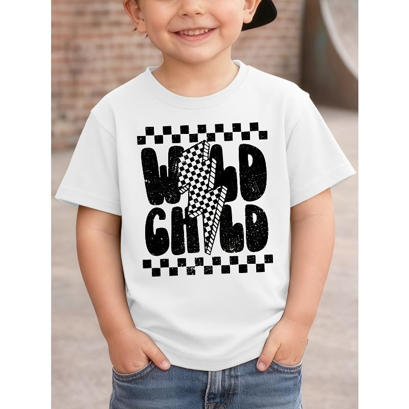 European sizes Boys' WILD CHILD Letter Lightning Print Casual Fashion Versatile T-Shirt