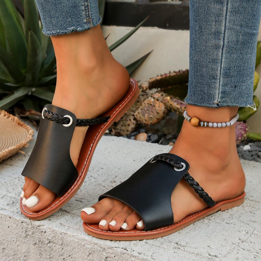 European and American Foreign Trade Large Size Woven Slippers with Fish Mouth Women's Solid Color Outer Wear One Word Beach Cool Slippers 2025