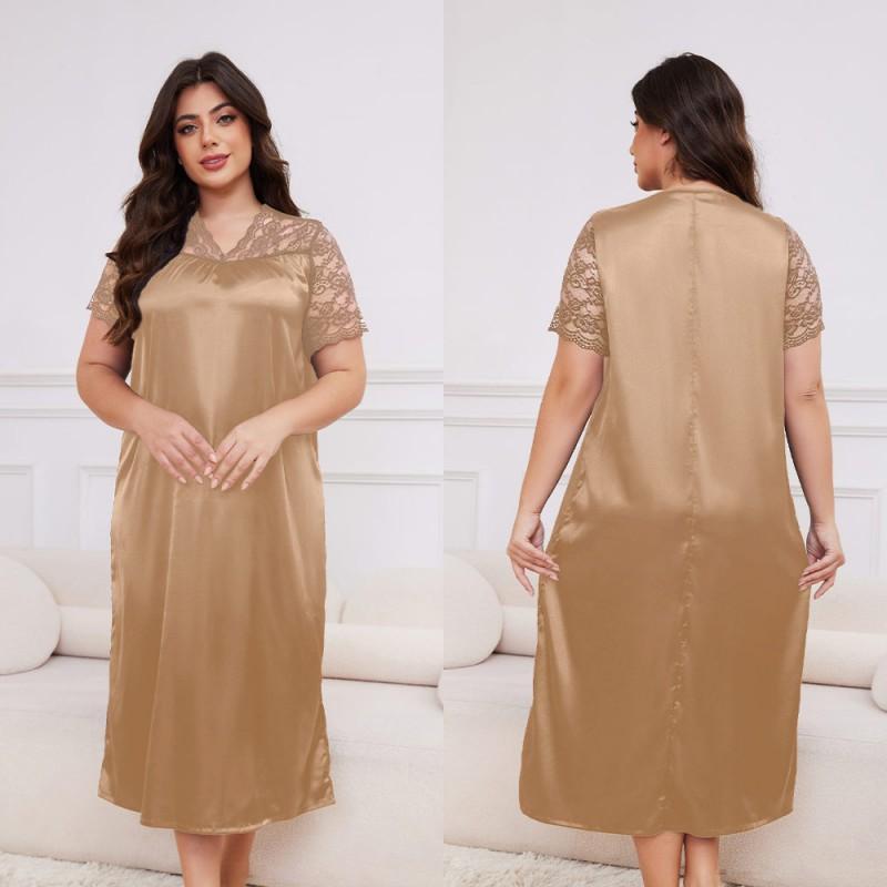 Plus Size Womens Lightweight Satin Sleep Dress With V-Neck Short Sleeve Loose Nightgown Home Wear