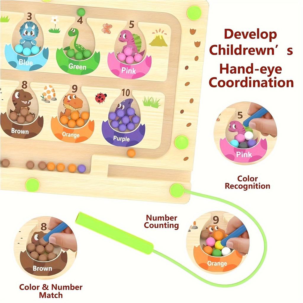 Magnetic Dinosaur Egg Maze, Traveling Wooden Educational Toy For Fine Motor Skills, Color Sorting And Counting, Learning Activity For Toddlers