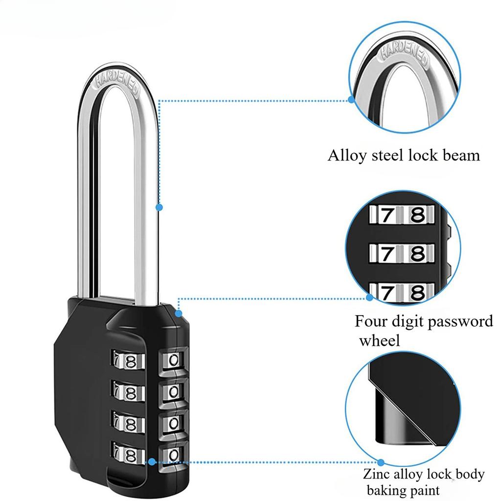 Combination Padlock Outdoor 4 Digit Long Shackle Waterproof Password Padlock Pad Lock For School Locker Gym Locker Fence Gate