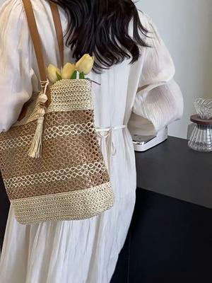 Women Stylish Knit Shoulder Bag Hollowed-Out Braid Bag Hand Woven Tote Bag Female Travel Commute Handbags AVE