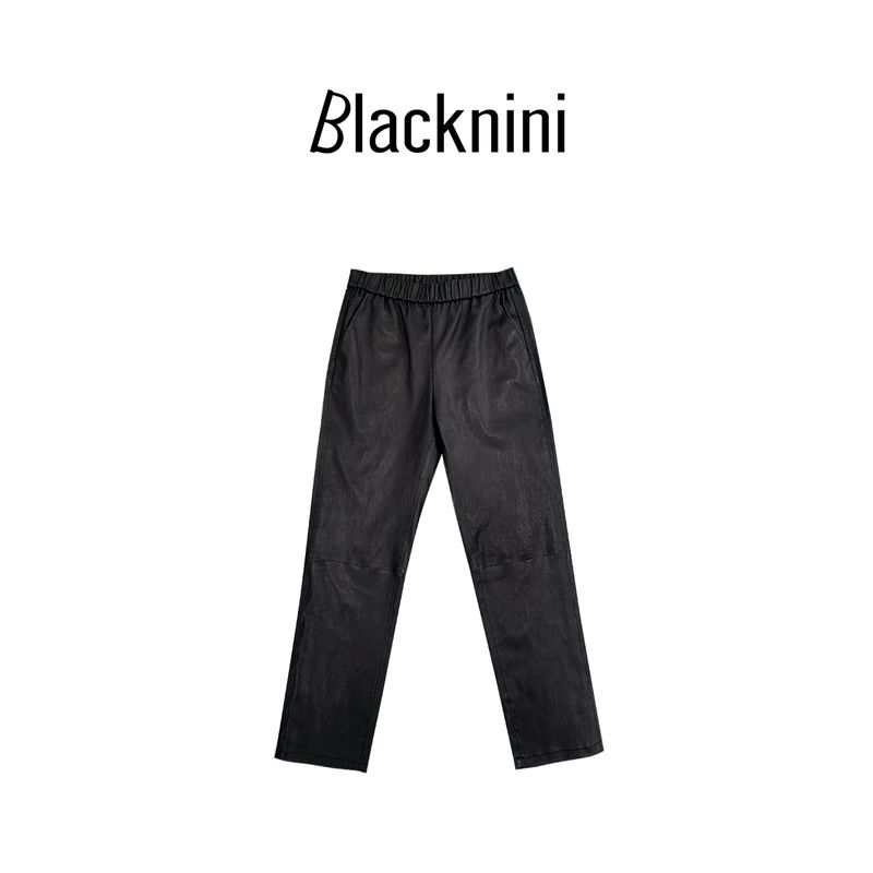 

Blacknini Yin Waffle/Magic Bar Black Plant Elastic Goatskin Elastic Waist Breathable Comfortable Cropped Leather Pants Black L