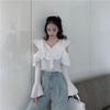 Autumn new flared sleeve shirt women's V-neck ruffle edge shirt pure desire wind hollow off the shoulder loose and thin top