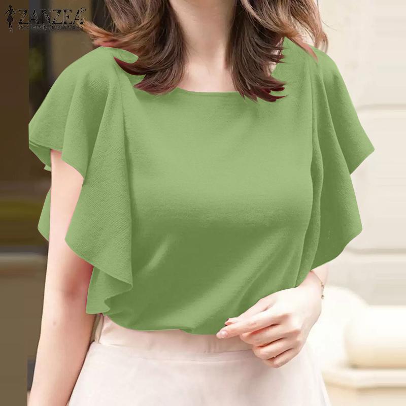 ZANZEA Blouse Décontractée à Col Rond et Manches à Volants Ample pour Femmes