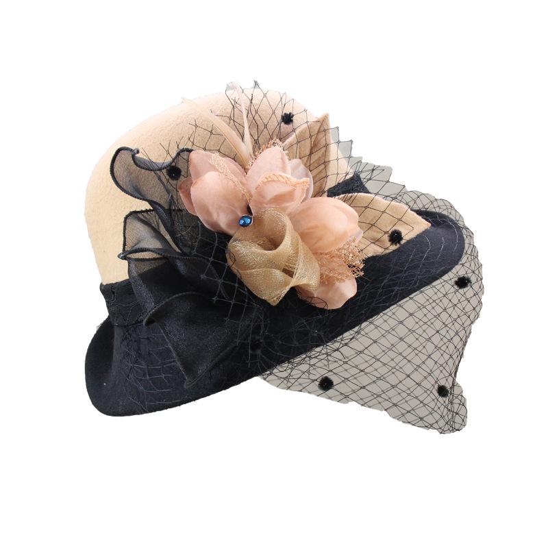 Woolen Hat Women'S Autumn And Winter British Retro Versatile Basin Hat Hepburn Mesh Flower Crimped Top Hat