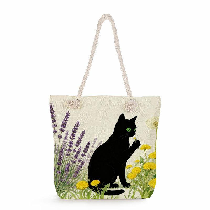 Multifunctional Black cat  Printed Thick Rope Shoulder Beach Bag 7579