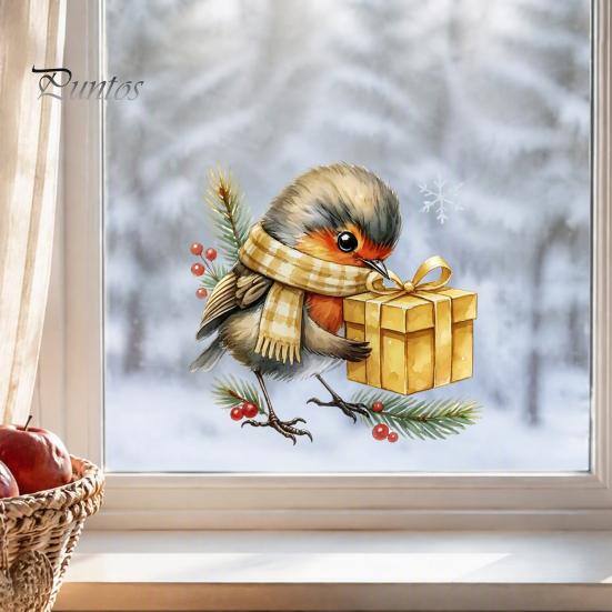 Creative Gift Ideas Christmas Bird Static Window Sticker, Cute Watercolor Glass Stickers with Pine Branch, PVC Waterproof Art Clings for Holiday