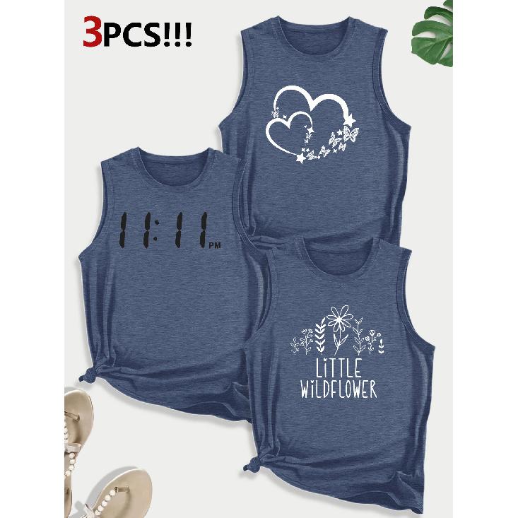 Line Floral Letter Combination Gift Print Pattern Round neck3Pack of Sleeveless Vests for Women In Spring, Summer, and Autumn