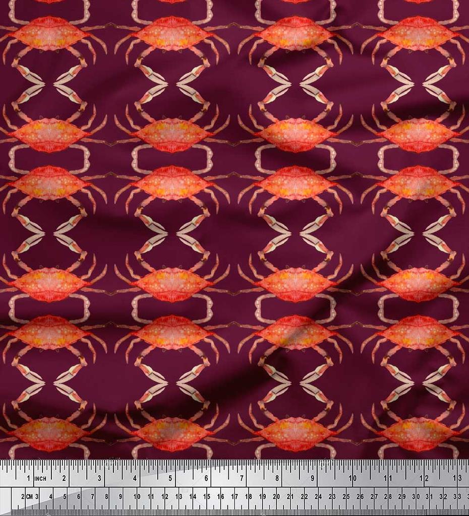 Soimoi Beige Japan Crepe Satin Fabric Crabs Ocean Print Fabric by the metre 42 Inch