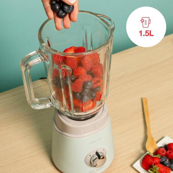 Blender de sticlă - Solac - 1000W - 1,5L - 2 viteze + Turbo - Lame inox 4 lame - Zdrobește gheață - Siguranță sporită