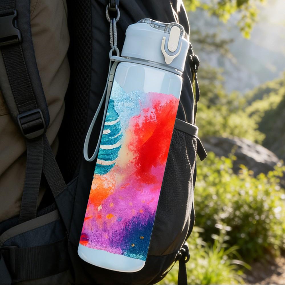 1PC Tropical Palm Leaf Vibrant Tie Dye Print 750ml Color Plastic Sports Water Bottle Leakproof Flip Straw Lid Suitable for Sports Office Home Use