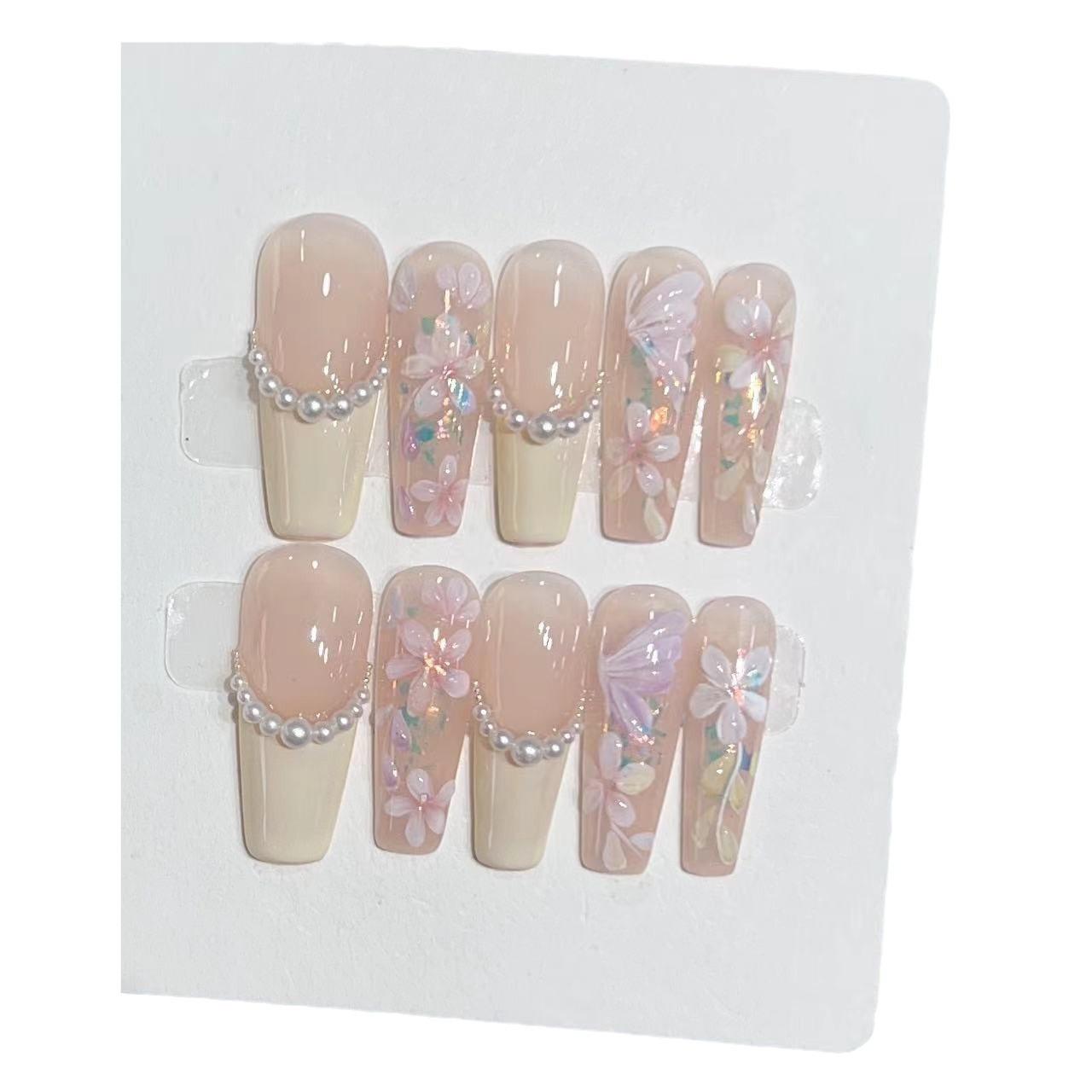 

Весенний Носимый Броня Чистый Ручной Работы Высококлассная Атмосфера Ледяной Телесный Цвет Французский Жемчуг Расписной Маникюр Готовое Изделие Large L