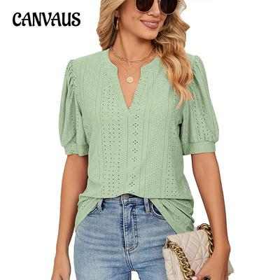 Tricou de vară de damă, ocazional, cu decolteu în V, de culoare solidă, cu mâneci cu bule, tricou lejer Topuri pentru femei