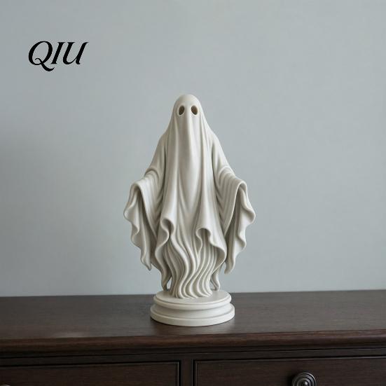 Gothic Style Home Accent Ghost Statue, Resin White Figurine, Spooky Halloween Decoration with Durable Art Flowing Robe And Base for Mantel,