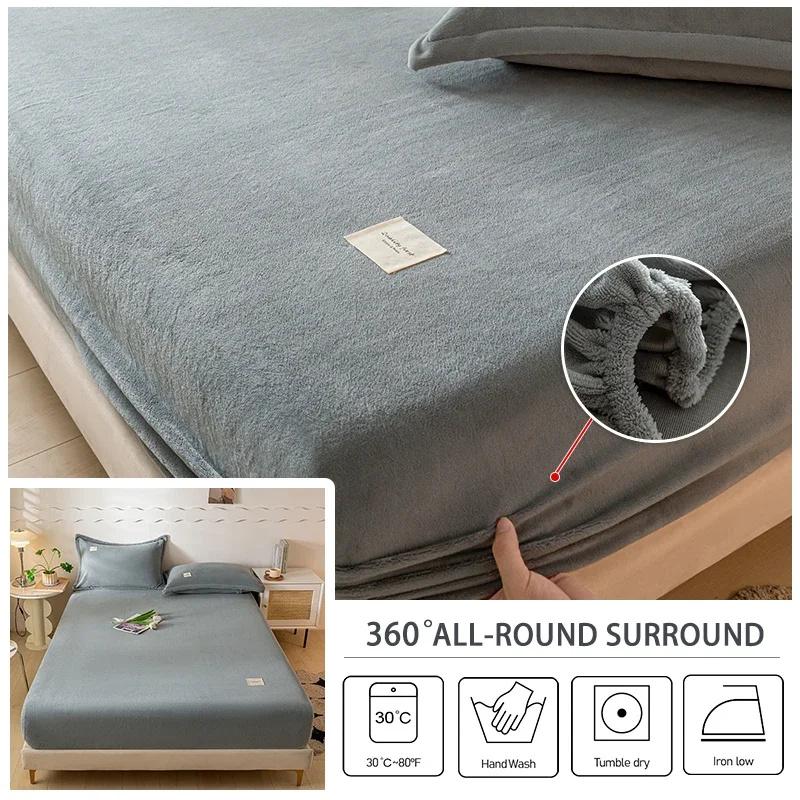 Yumuşak Sıcak Peluş Fitted Sheet Elastik Yatak Örtüsü Kabarık Mercan Polar Yatak Örtüsü Kış Çift Lüks Çift Kişilik Yatak Örtüsü