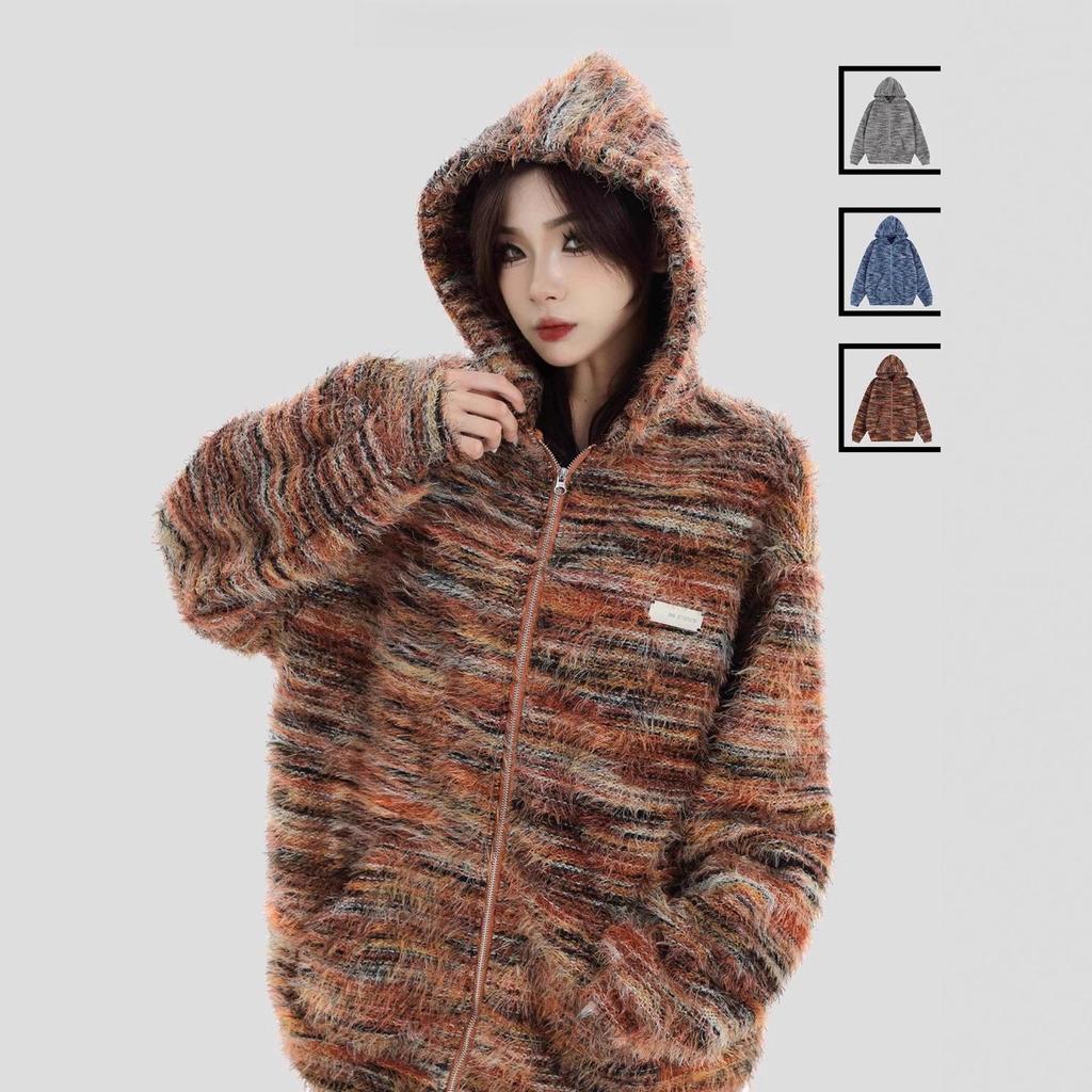 Women's Autumn/Winter Striped Hooded Sweater Coat - Loose Casual Knit Cardigan