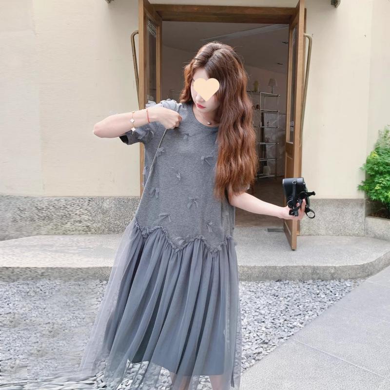 2025 Summer Korean Style Loose Maternity A-line Dress with Mesh Details