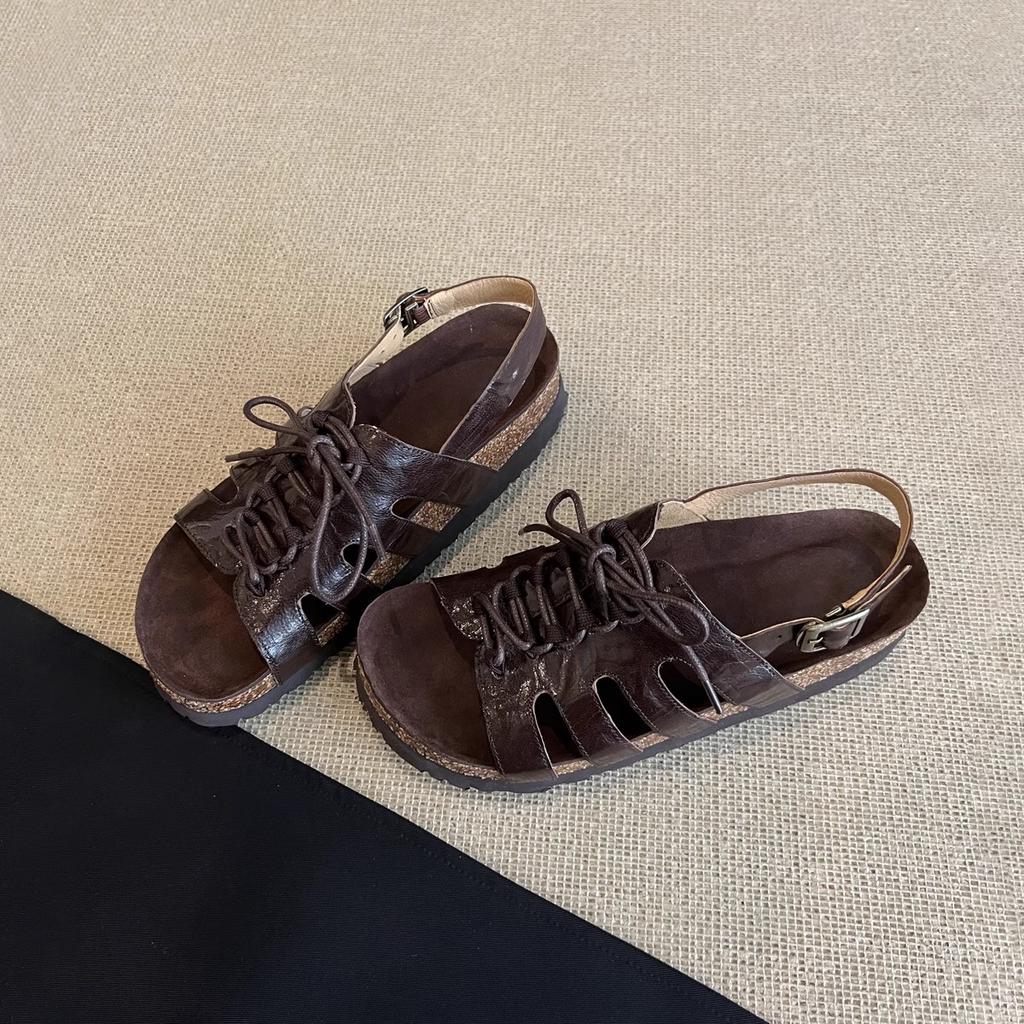 Fashion 2025 New Real Leather Sandals for Men Women Summer Casual Roman Handmade Cork Flat Slipper Platform Cross Lace Zapatos De Mujer