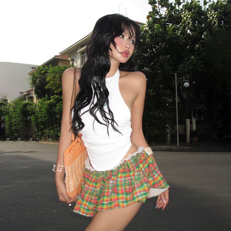 

Sweet and Spicy Girl Lace Patchwork Plaid Miniskirt Women Autumn Sexy Seaside Vacation Flattering Figure Skirt Flower color L