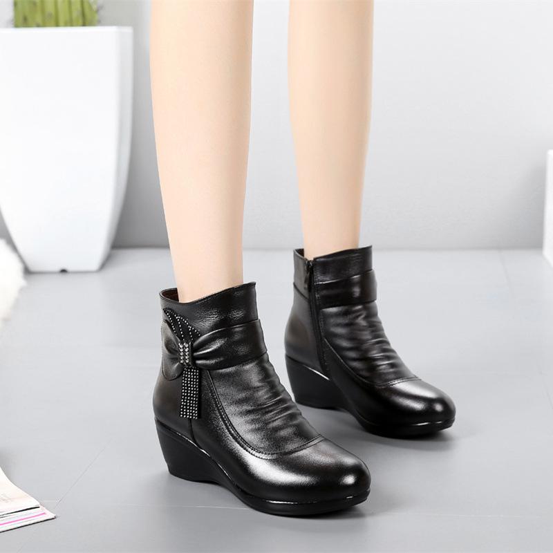 Size 30-43 Women Boots Women Genuine Leather Winter Boots Warm Plush Autumn Shoes Winter Wedge Shoes Woman Ankle Boots