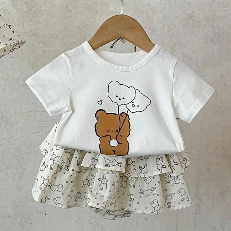 

Літні комплекти одягу з мультфільмами для дівчаток, футболка + спідниця з короткими рукавами 2024 року, одяг для маленьких дівчаток 100