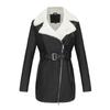 Womens Faux Leather Long Sleeve Jacket With Belted Waist Warm Lined Winter Coat