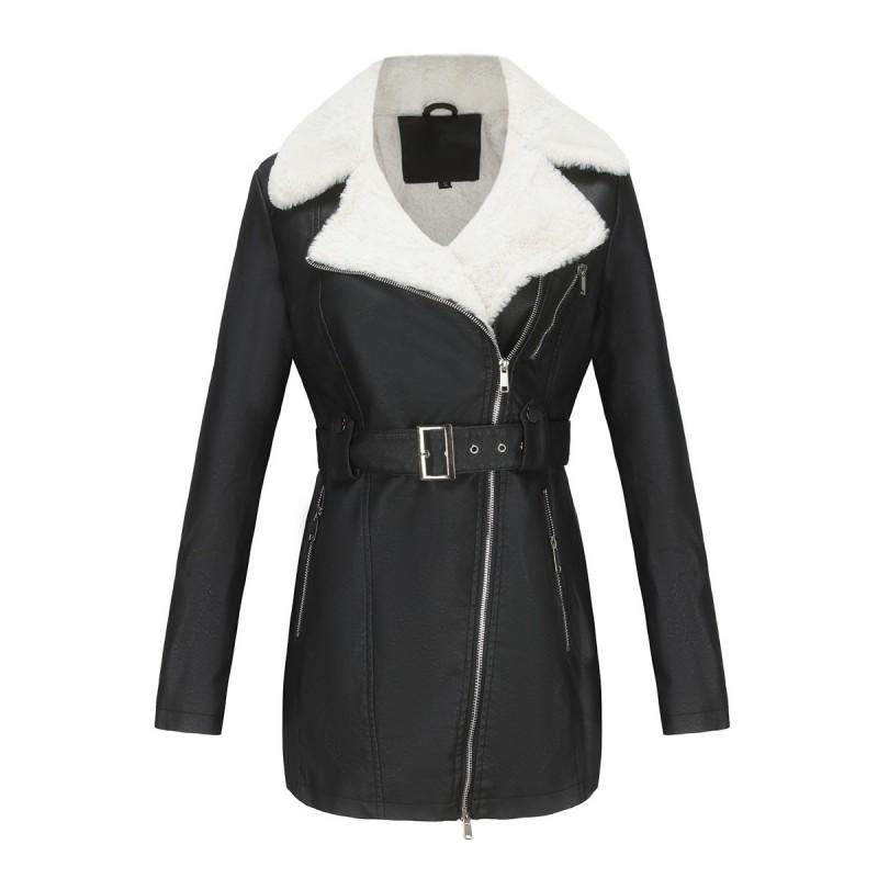 Womens Faux Leather Long Sleeve Jacket With Belted Waist Warm Lined Winter Coat