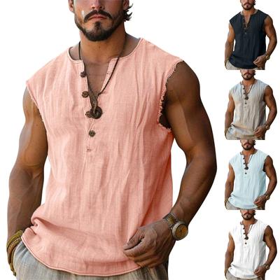 Men Sleeveless Henley Shirt Casual Loose Fit Linen Blend Button Down Summer Lightweight Muscle Tee Top
