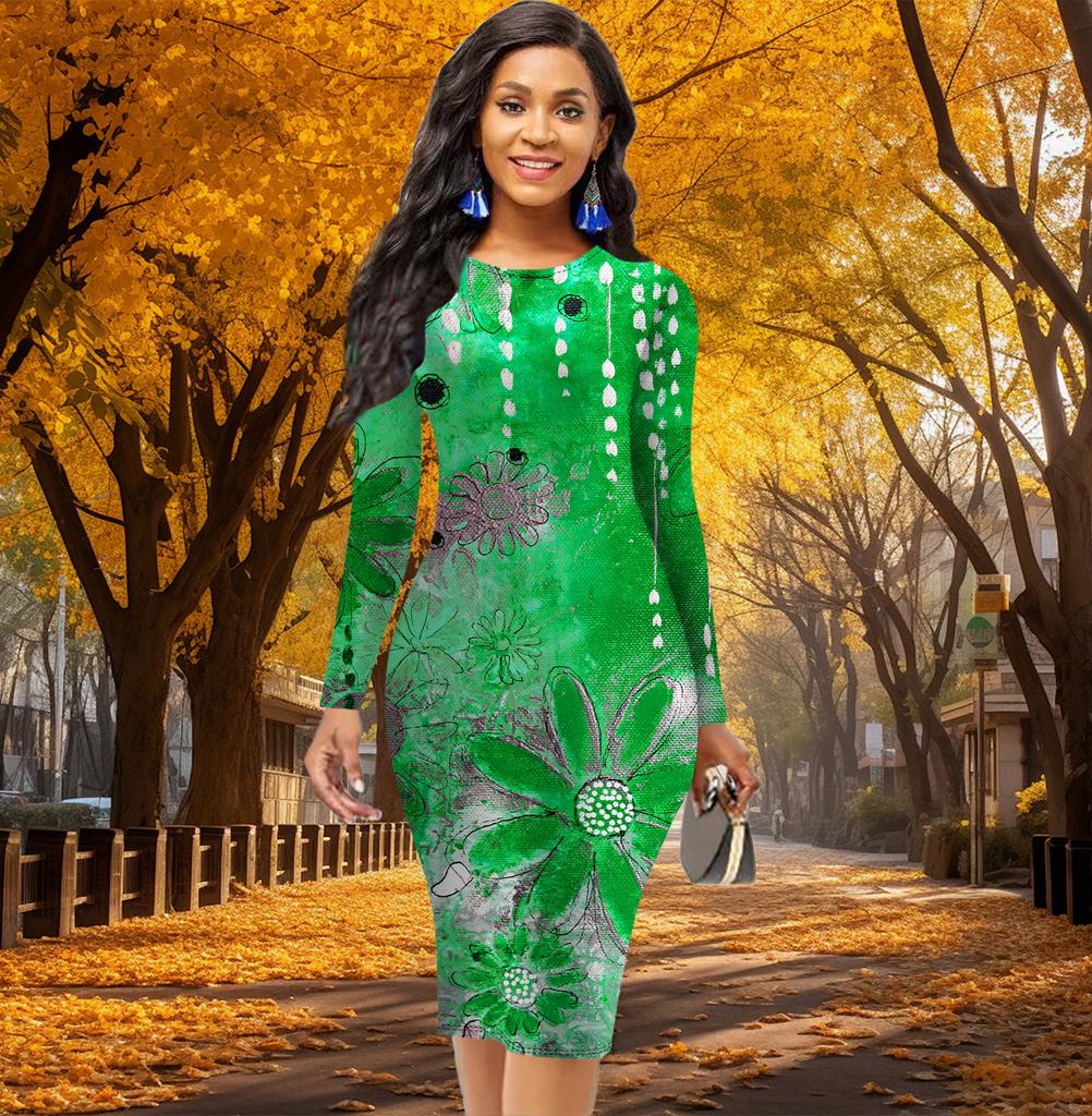Long Sleeve Waist Tight Office Slim Fit Oil Painting Flowers Printing Elegant Bodycon Dress