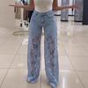 Casual Baggy Wide Leg Denim Pants with Lace Patchwork and Floral Hollow Out Design