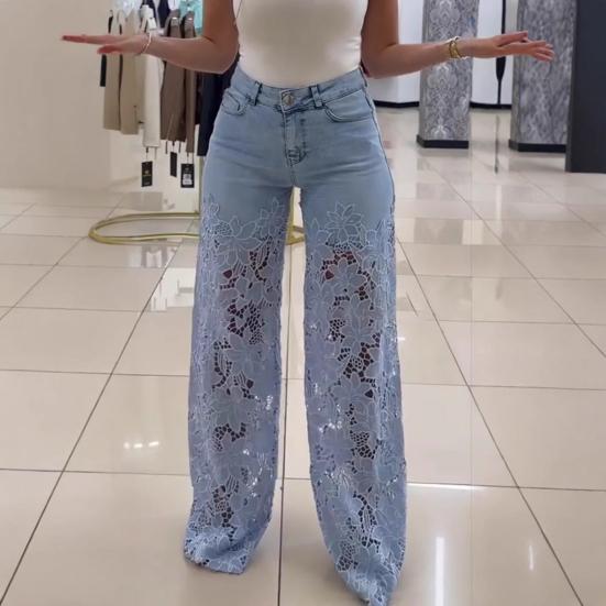 Casual Baggy Wide Leg Denim Pants with Lace Patchwork and Floral Hollow Out Design