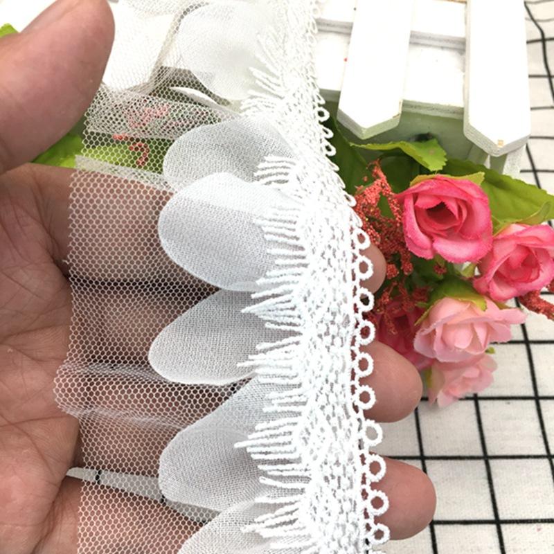 Women's 2-Layer Chiffon Tulle Ruffle Lace Trim 3D Mesh Embroidered Ribbon Skirt Dress Rhinestone 6 cm Width for Curtains