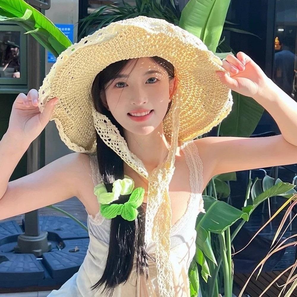 New Lace Ruffle Summer Straw Hat Solid Color Bowknot Sun Protection Hat Wide Brim Woven Straw Fisherman Cap Beach