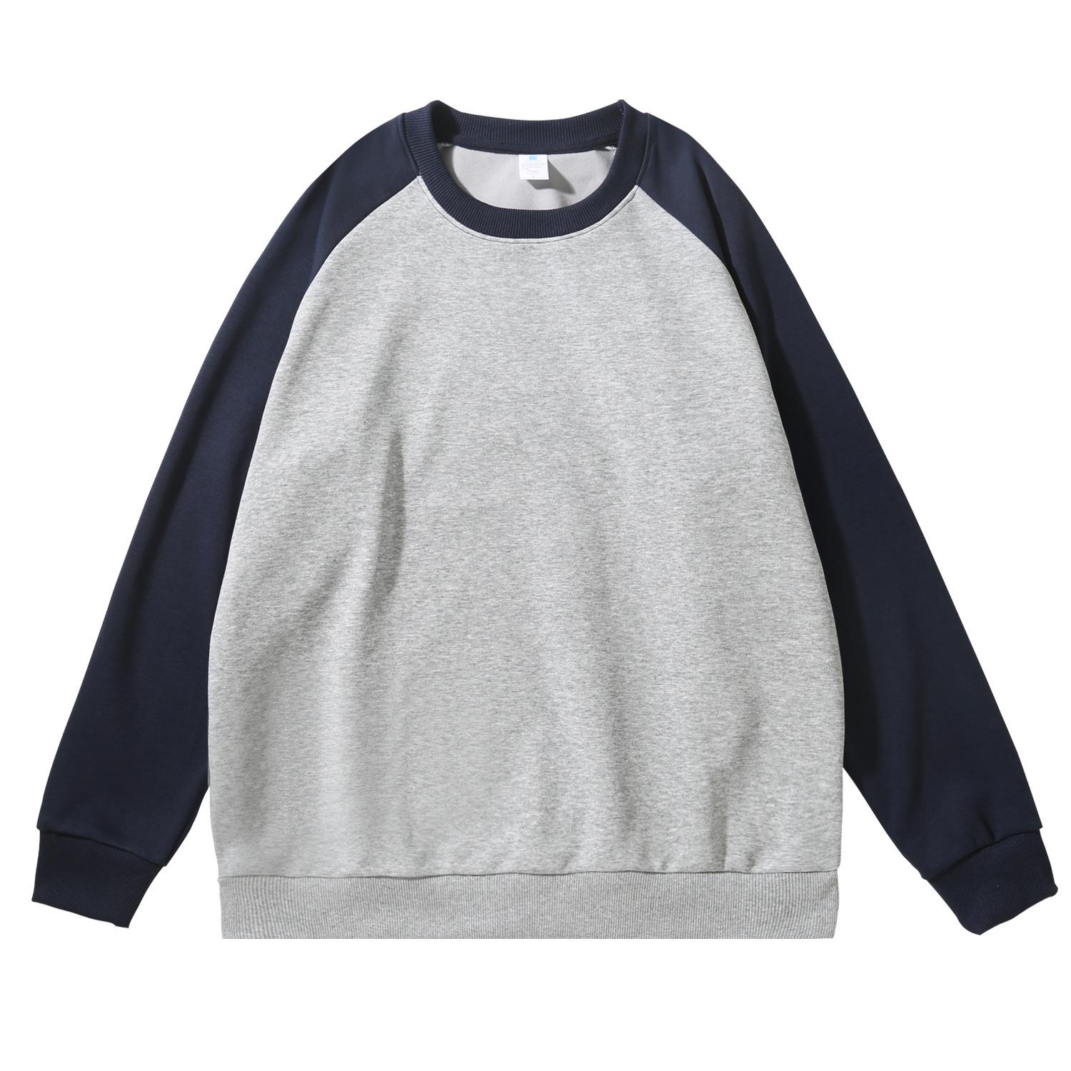 

Autumn/Winter Color Block Raglan Pullover Hoodie with Plus Velvet Cotton and Drop Shoulder Design Navy and Gray [Raglan, No Velvet]