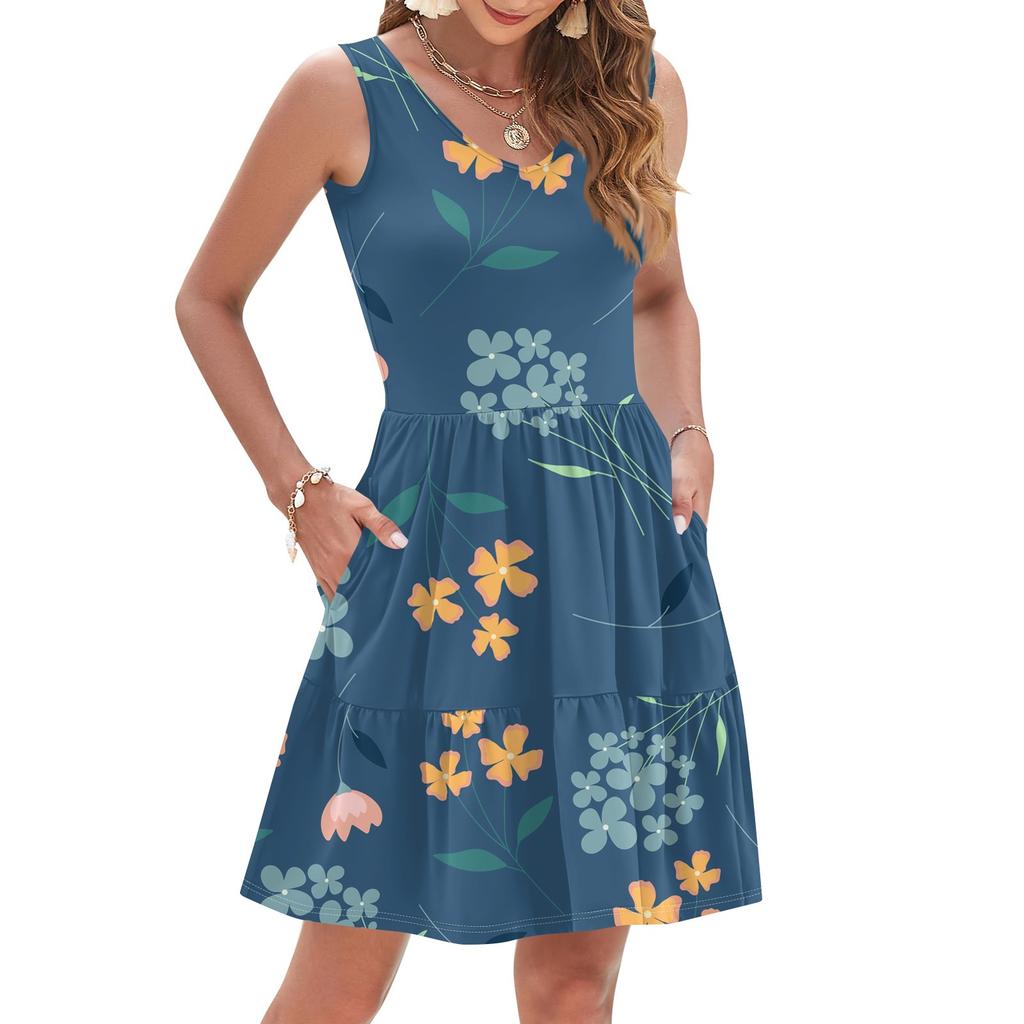Women's Summer Fashion Casual V-neck Pleated Stitching Small Floral Print Sleeveless Vest Dress With Pockets