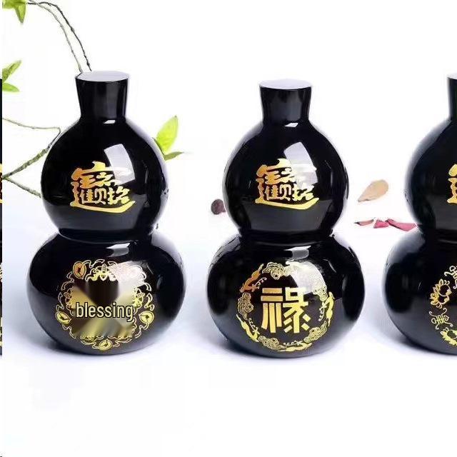 Obsidian Tai Chi Bagua Fu Lu Shou Gourd: Feng Shui Ornament with Six-Character Mantra and Five Blessings Design