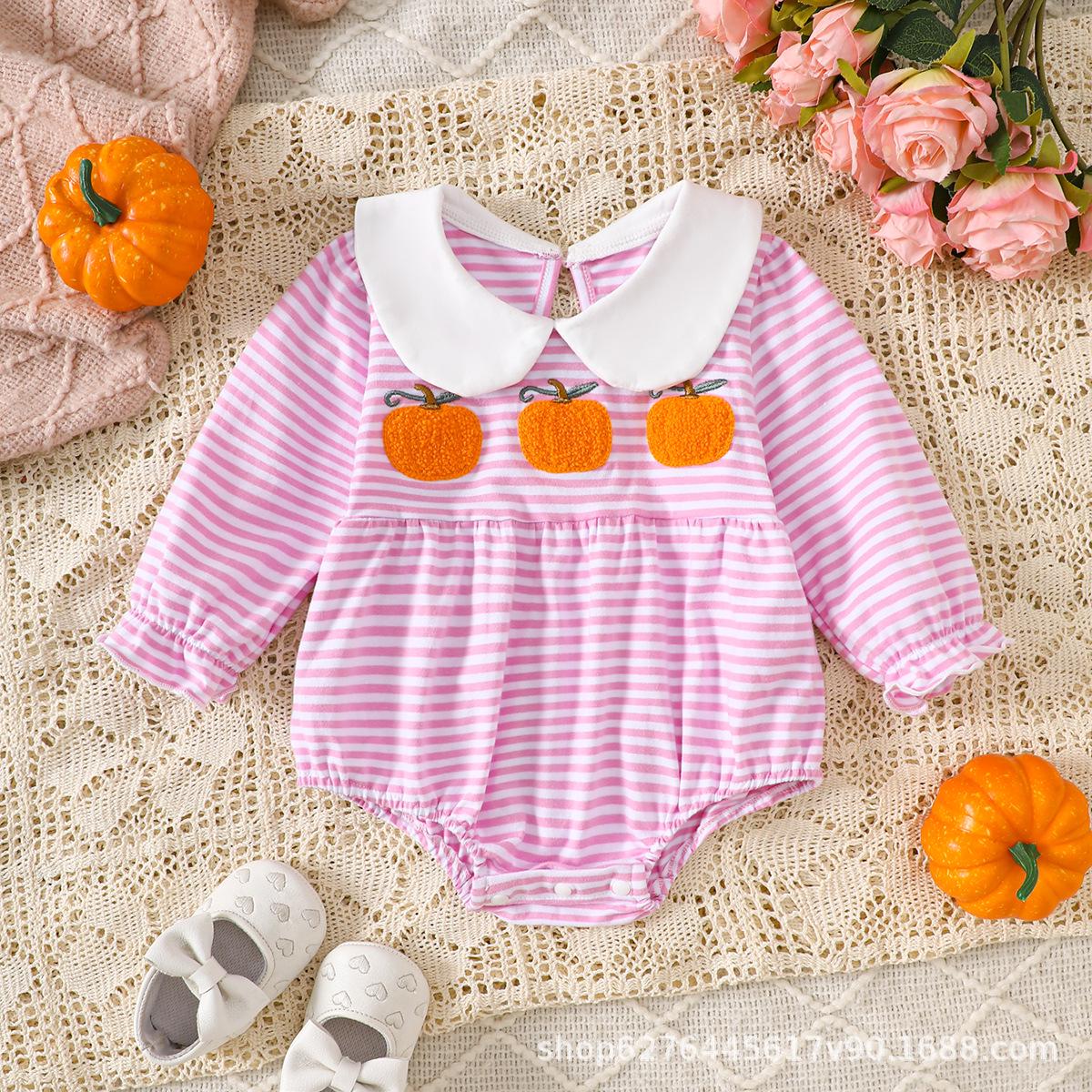 

Baby Girl Pumpkin Embroidered Pink Stripe Halloween Romper 3-6 Months рожевий