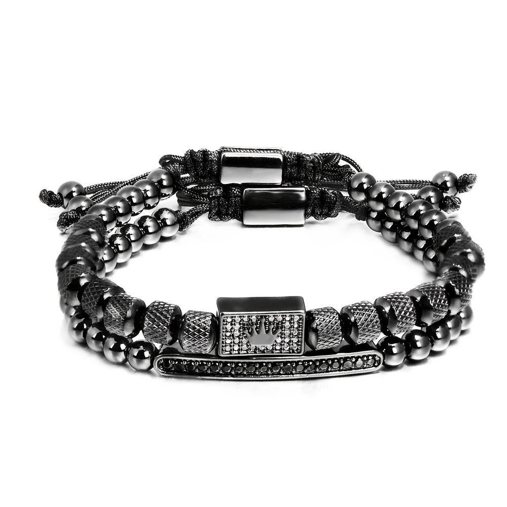 2-piece Set European and American Micro-inlaid Zircon Square Crown Stainless Steel Beaded Pineapple Bead Men's Bracelet Set